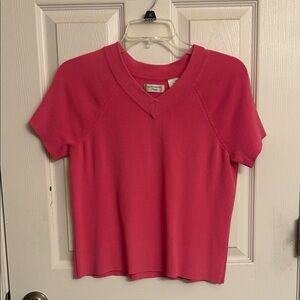 Laura Ashley Chic Pink V-Neck Short Sleeve Sweater Rayon-Blend Petite Medium